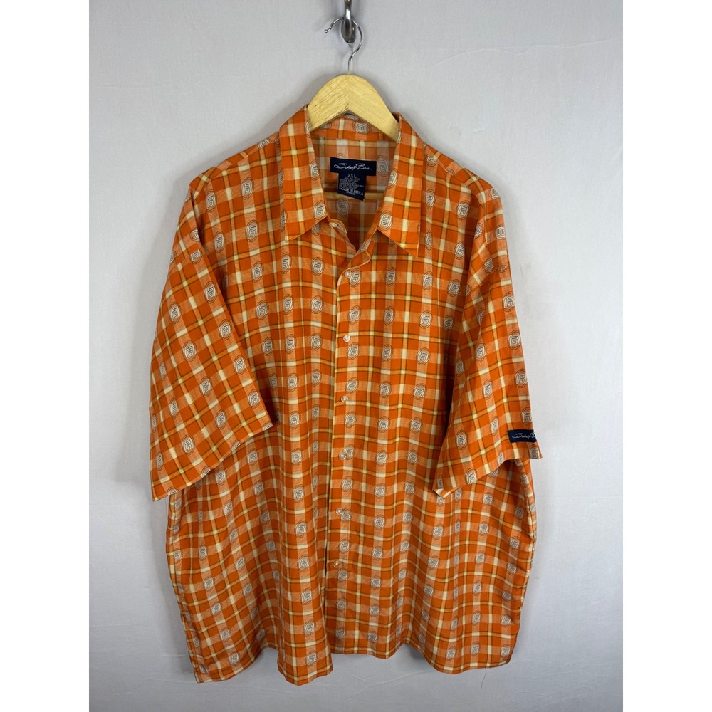Schott Bros Mens 3XL Orange Plaid Logo Print Short Sleeve Button Down Shirt